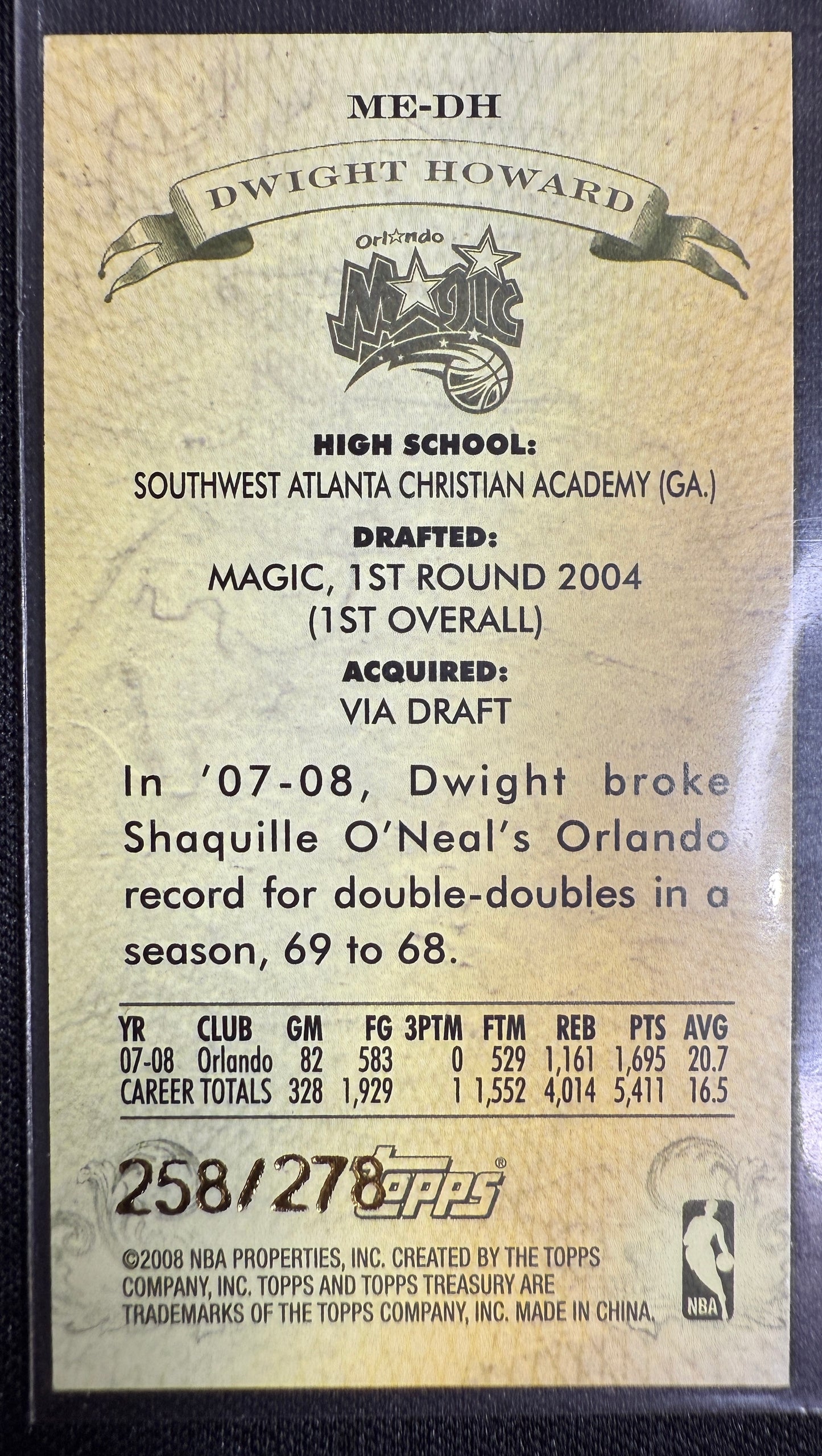 2008 Topps National Treasures ā Dwight Howard Mini Card (ME-DH #258/278
