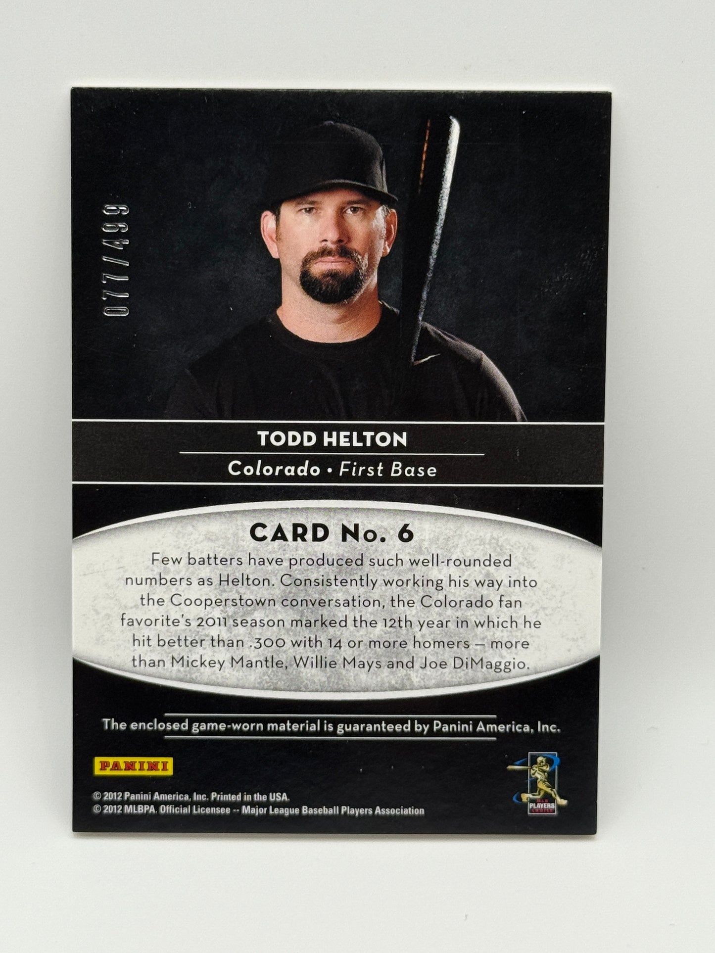 2011 Panini Limited - Limited Materials Todd Helton #77 /499 (MEM)