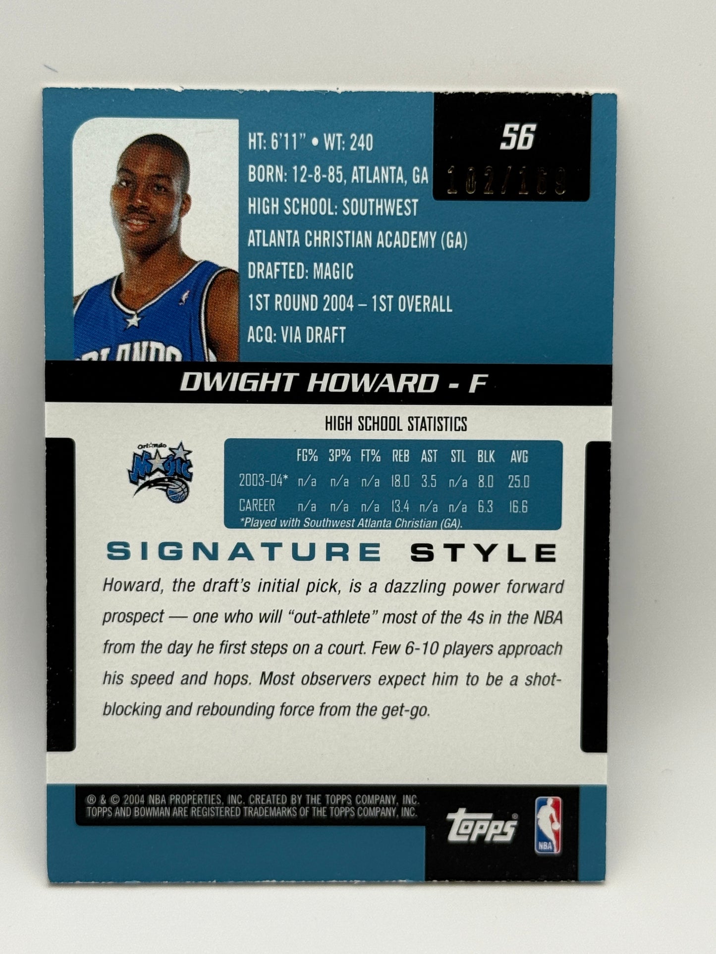 2004 Bowman Signature Dwight Howard RC #56 Jersey Relic /169 Magic Rookie Game-W