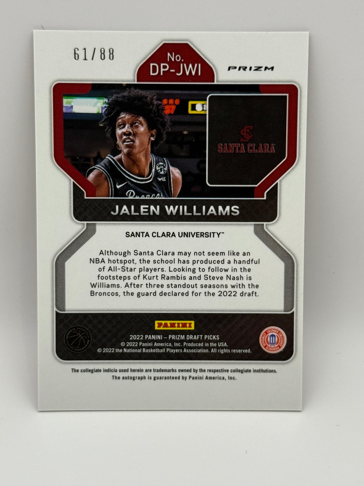 2022 Prizm Draft Picks Jalen Williams Auto Red Prizm /88 RC #DP-JWI Santa Clara