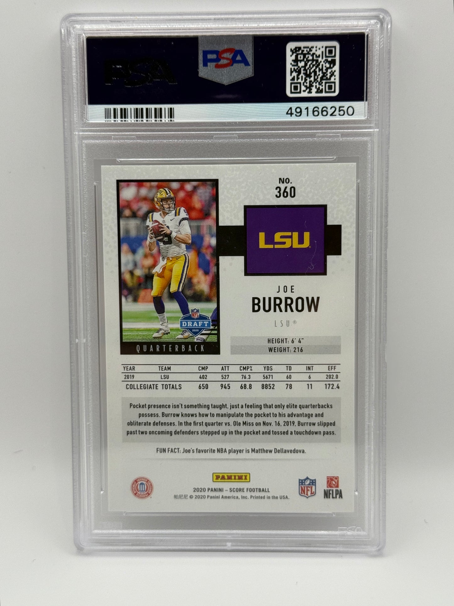 2020 Panini Score Joe Burrow #360 Rookie Card PSA 10 GEM MINT LSU Tigers RC