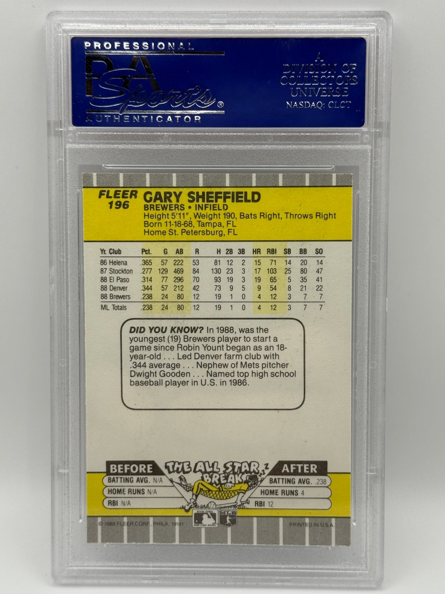 1989 Fleer Gary Sheffield Rookie #196 PSA 9 MINT Milwaukee Brewers RC HOF?
