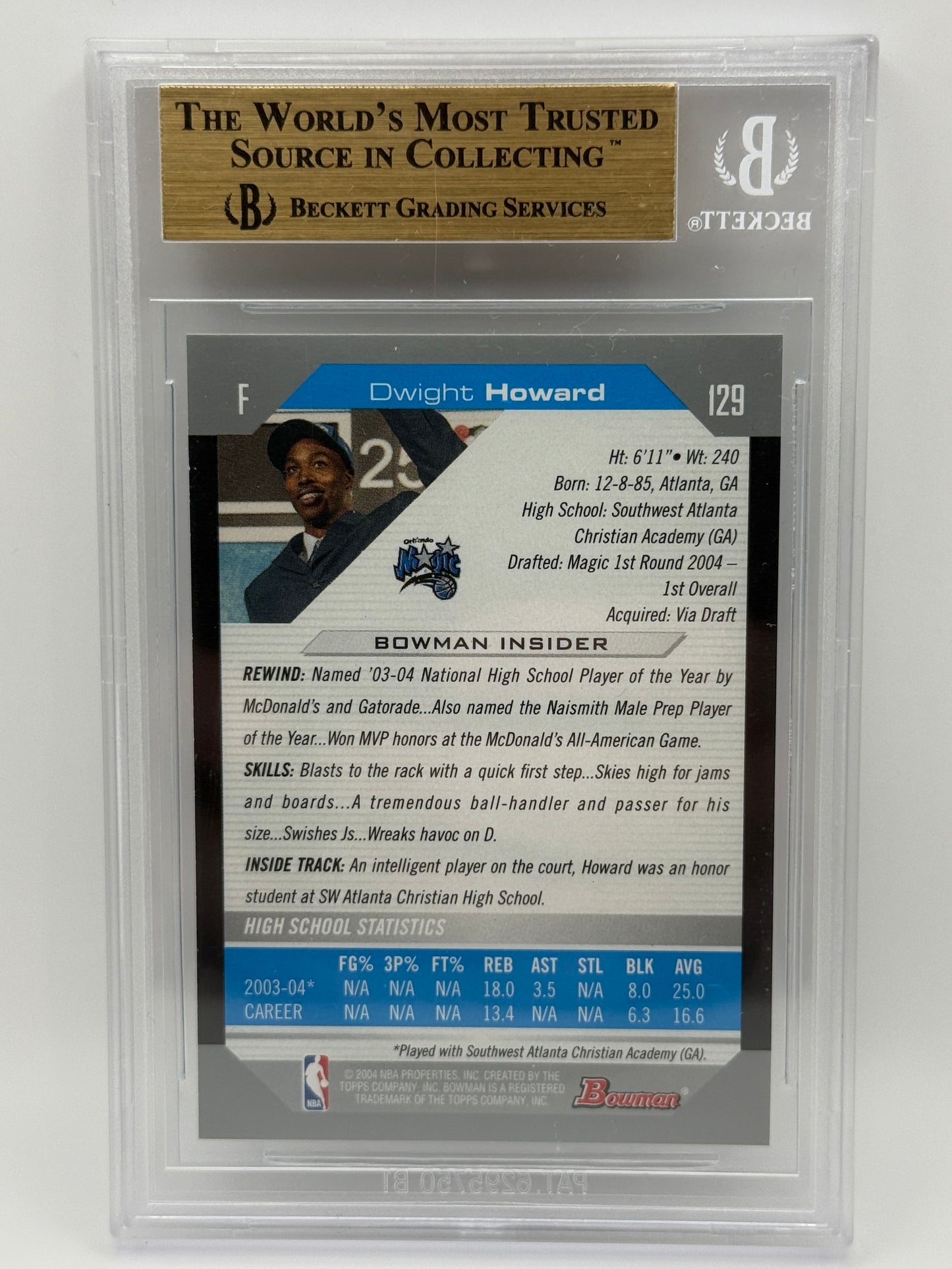 2004-05 Bowman Dwight Howard Rookie Card #129 BGS 9.5 Gem Mint - RC Orlando Magi
