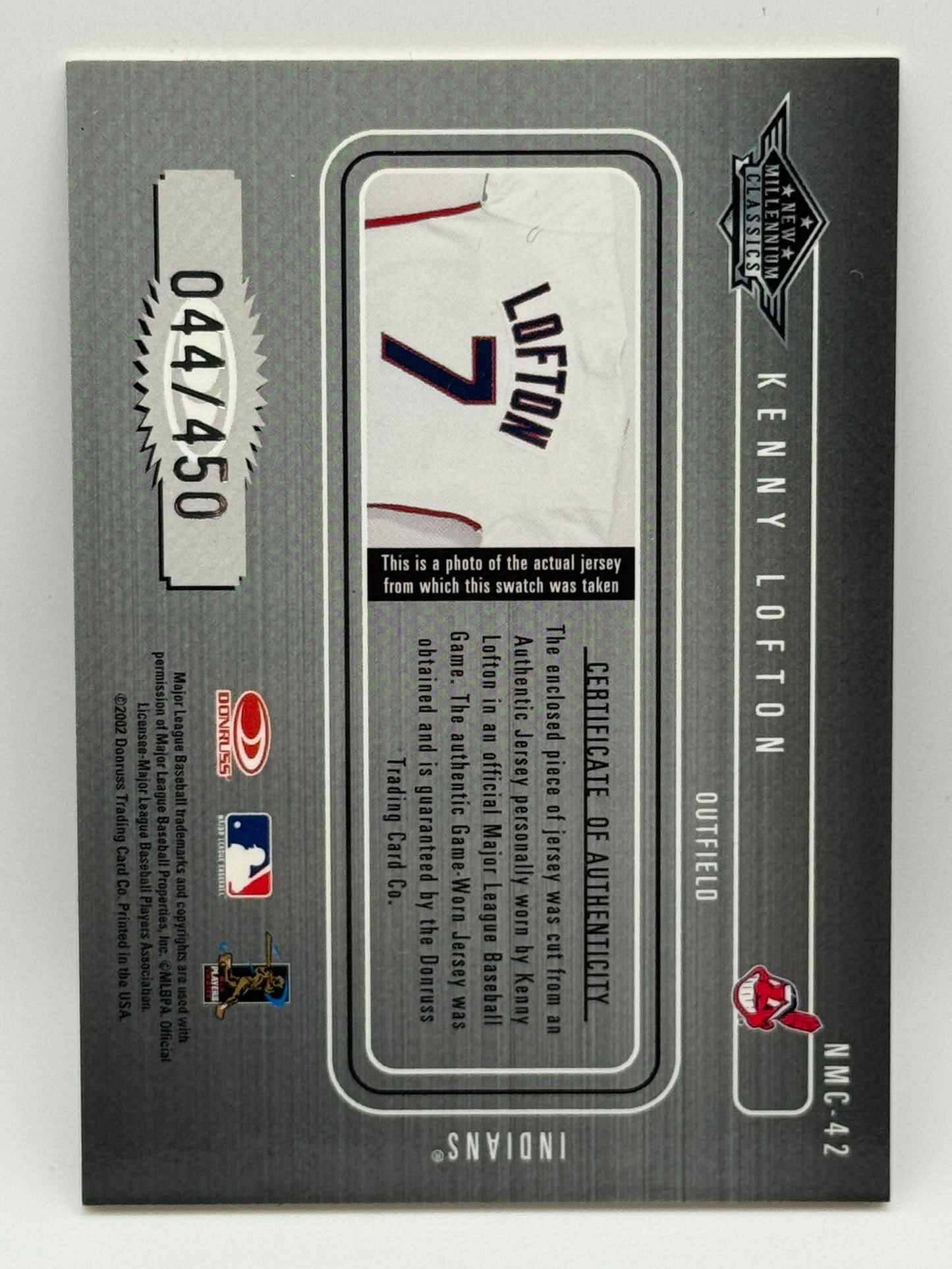 2002 Donruss Classics Kenny Lofton Game-Worn Jersey /450 Indians #NMC-42 MLB