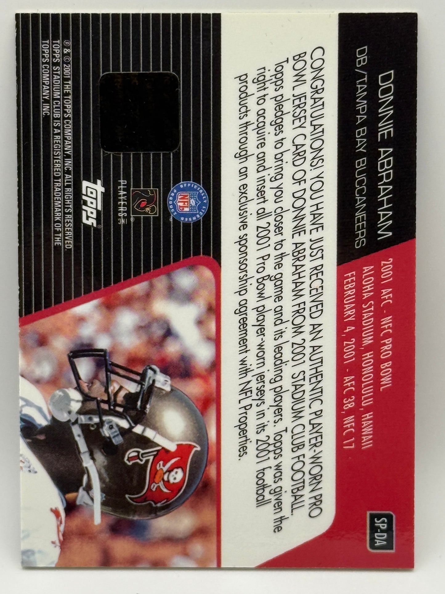 2001 Stadium Club Donnie Abraham Pro Bowl Jersey Relic Buccaneers DB 🔥