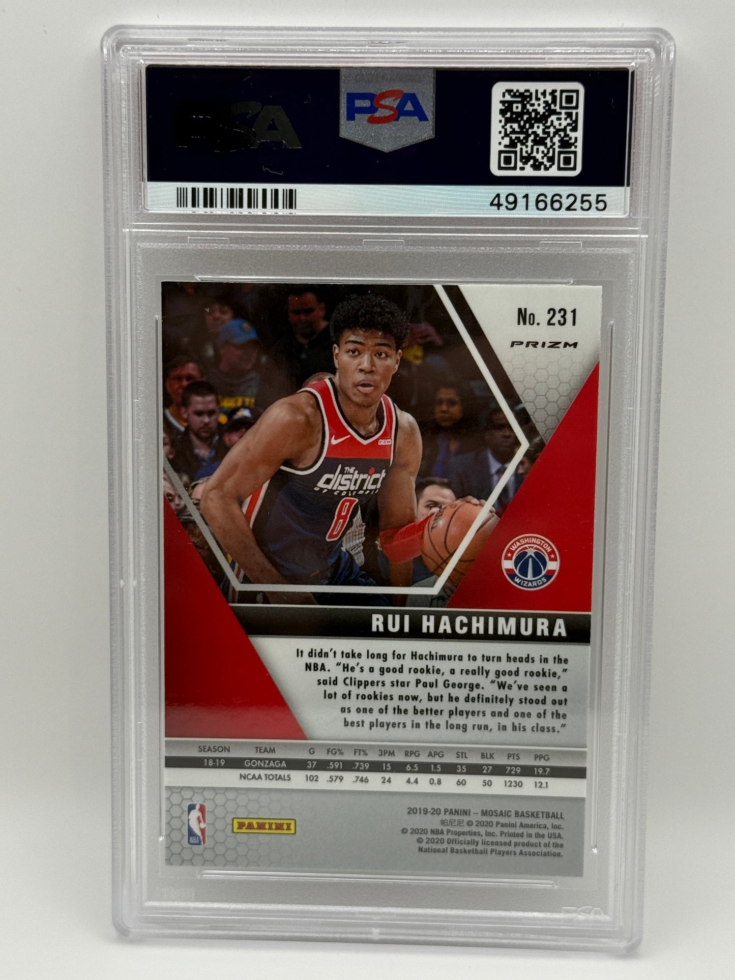 2019 Panini Mosaic Rui Hachimura Silver Prizm RC #231 PSA 10 GEM MINT Rookie Wiz