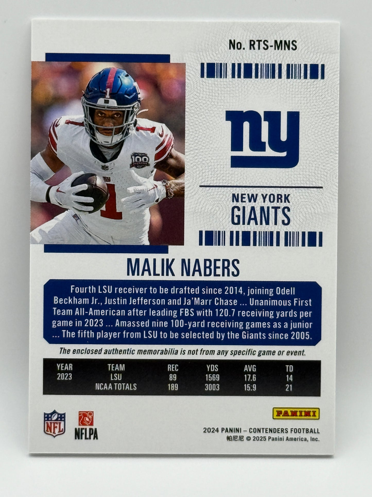 2024 Panini Contenders Malik Nabers Rookie Ticket RC Patch Relic Giants π₯