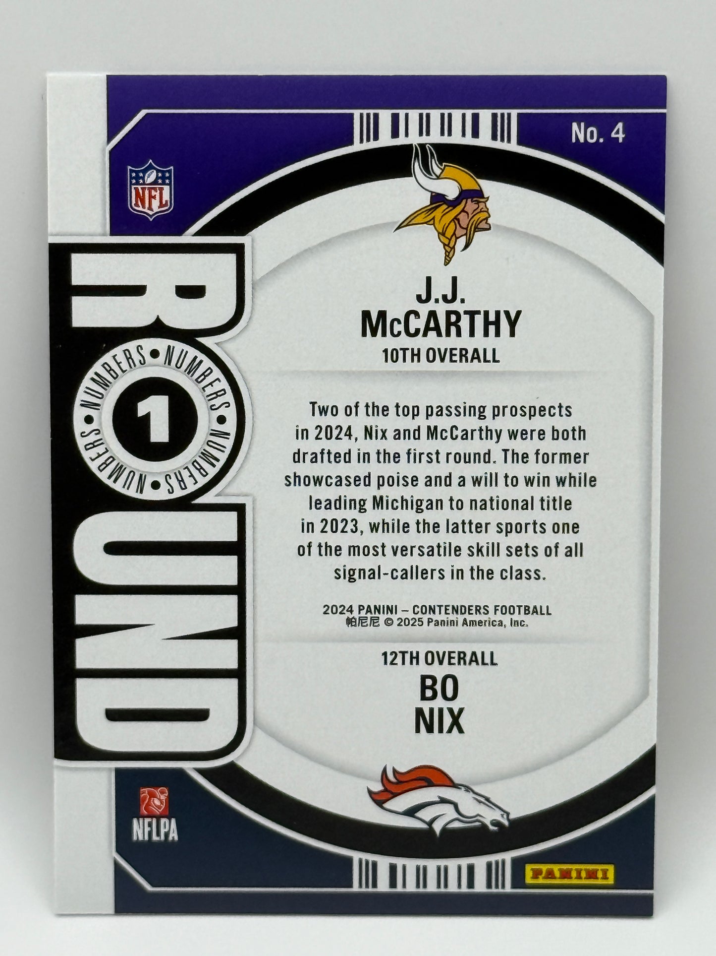 2024 Panini Contenders Round 1 Numbers RC - J.J. McCarthy & Bo Nix Rookie Card #