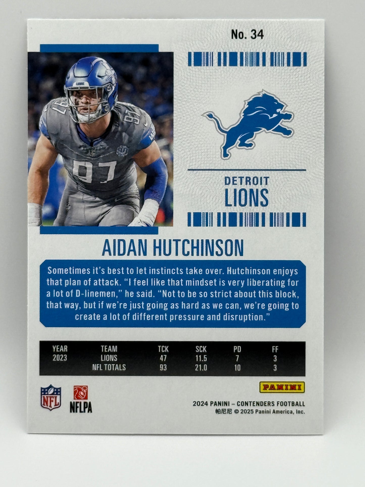 2024 Panini Contenders Game Ticket Aidan Hutchinson Detroit Lions #34 π₯