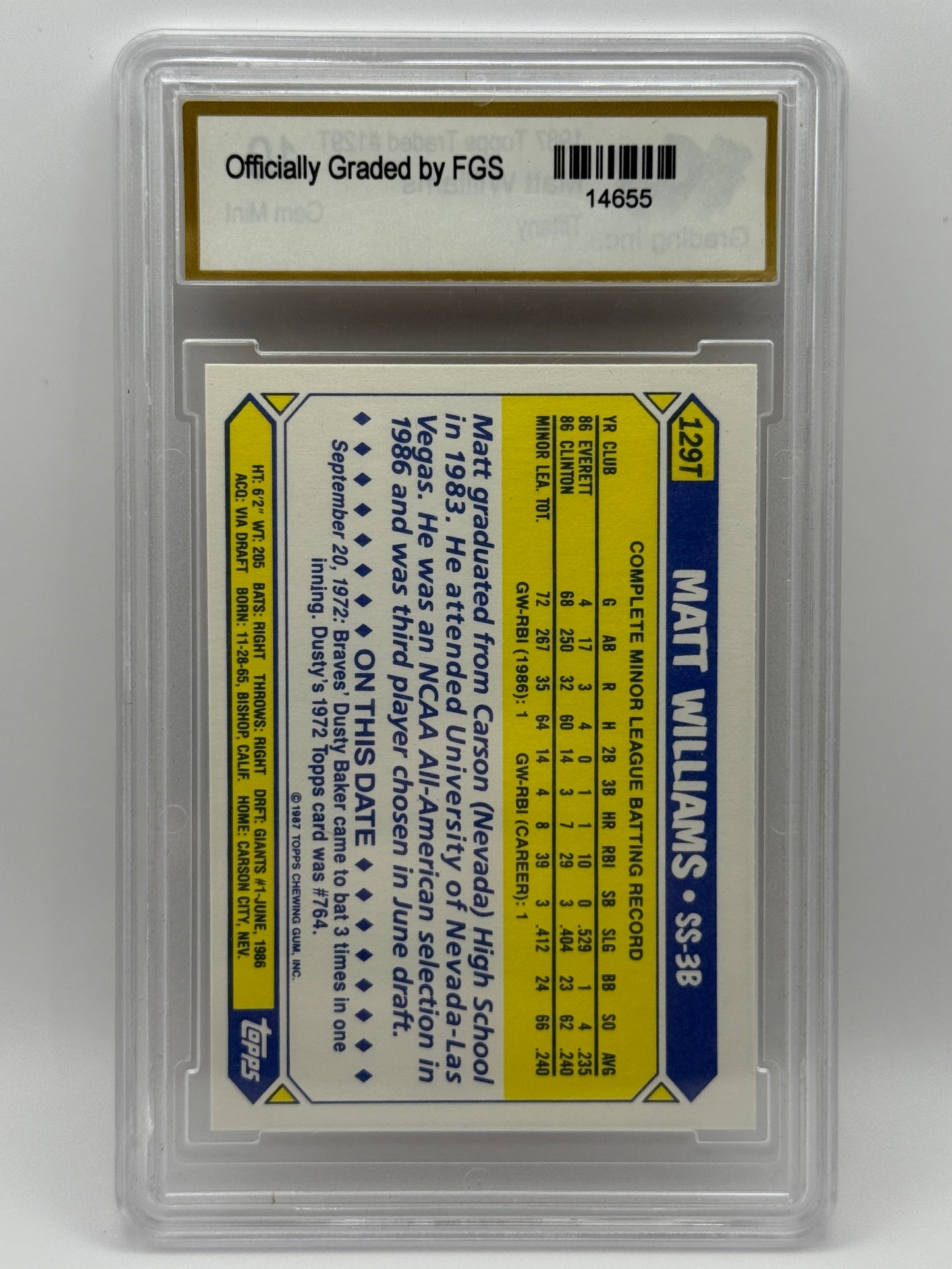 1987 Topps Traded Tiffany #129T Matt Williams GEM MINT 10 FGS Graded Giants Rook