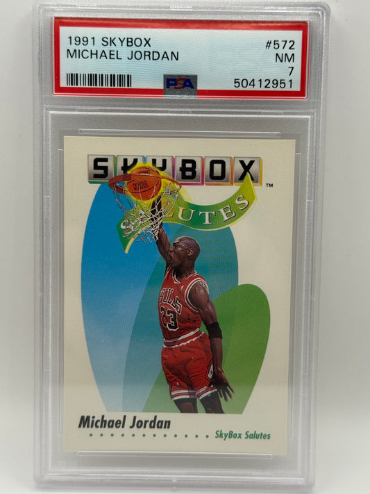 1991 SkyBox Michael Jordan #572 SkyBox Salutes Chicago Bulls PSA 7 NM Rare HOF