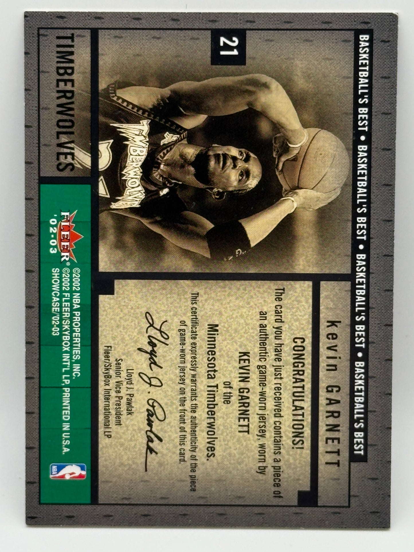 2002-03 Fleer Showcase KEVIN GARNETT Game-Worn Jersey Card Basketball's Best Tim