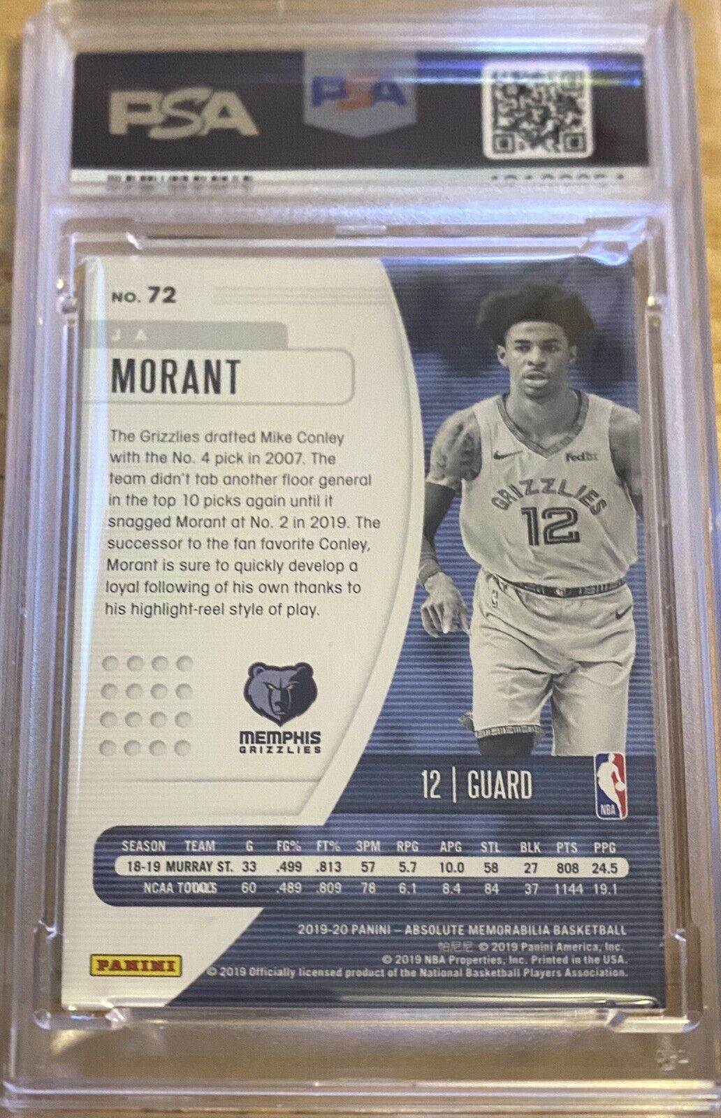 2019 Panini Abs Mem #72 Ja Morant PSA Gem Mt 10 POP 96